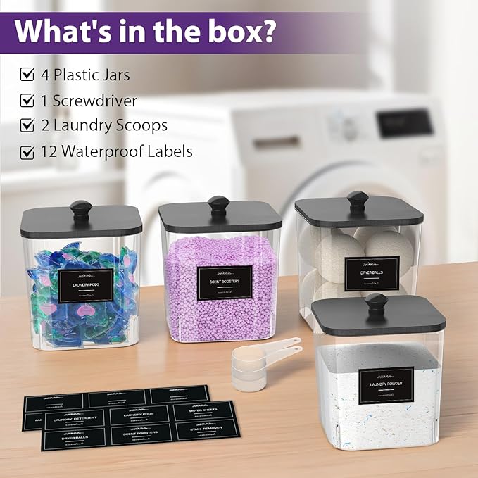 4 Pack Clear Laundry Pods Container, Plastic Square Laundry Room Organization and Storage Jars with Black Lids, Scoops & Labels for Detergent, Powder, Dryer Balls