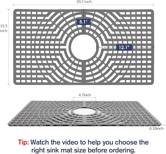 Silicone Sink Protector 30"x16" Center Drain Hole, Heat Resistant Non-slip Dishwasher Suitable, Large Sink Mat for Bottom of Farmhouse Kitchen Stainless Steel Sinks (Grey)