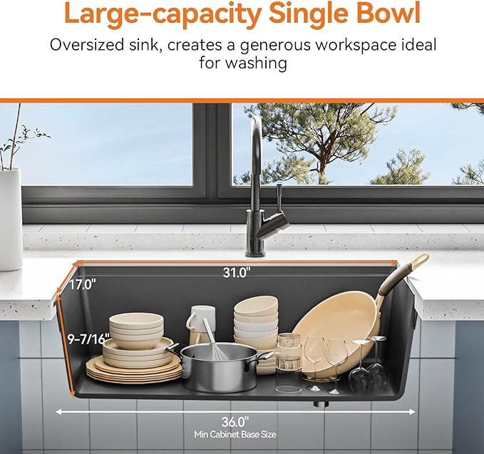 33 Inch Granite Undermount Kitchen Sink, TECASA Utility Composite Single Bowl Kitchen Sink with Workstation and Accessories, Black (33 × 18 Inch)