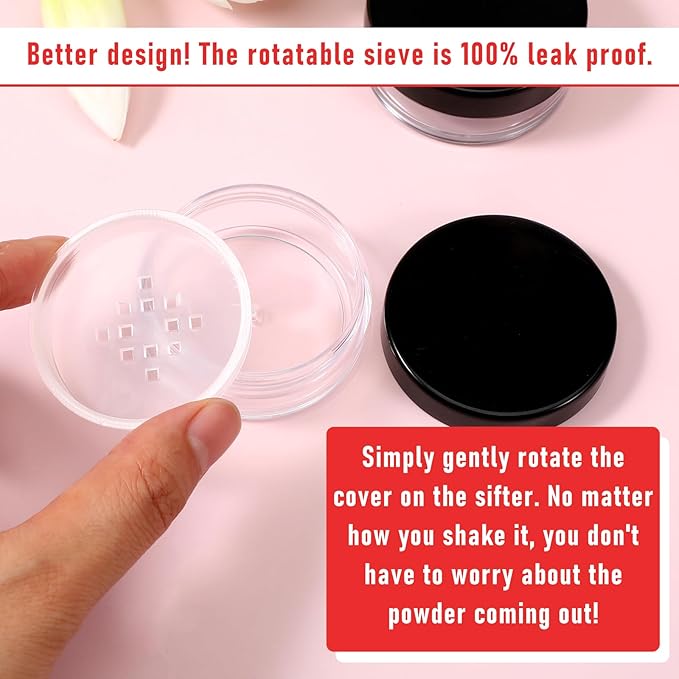2 PCS 10ml/0.34oz Plastic Empty Travel Small Loose Powder Compact with Rotatable Sifter and Leakproof Screw Lid, Refillable Loose Powder Containers Reusable No Leak Compact, Black