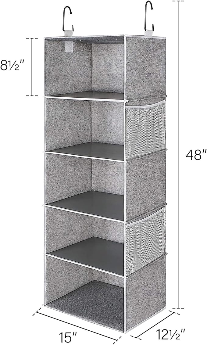 StorageWorks 5-Shelf Hanging Shelves for Closet, Clothes Organizers and Storage, 13" D x 15" W x 47 ¾" H, Gray