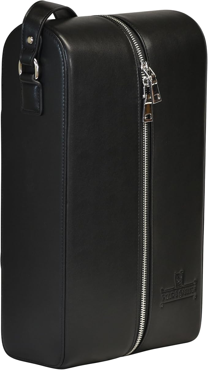 POUR & GARNISH Bourbon, Whiskey & Wine Double Bottle Travel Bag – Vegan Leather Spirits Carrier with 4 Stainless Steel Insulated Glasses & Gift Pouch – Luxury Barware Gift