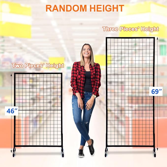 Eastern Tree 1 Pack 2.5'x 6' Three Pieces Grid Wall Panels Stand with T-Base, Black Wire Grid Wall Rack with Wheels, Craft Display Rack, Retail Display, Art Display, Extra More 10 Pieces Hooks