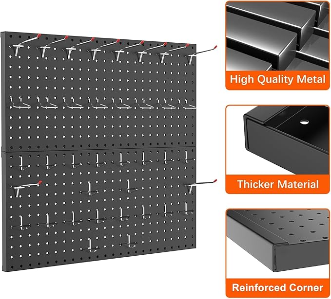 TORACK Metal Pegboard Wall Organizer 24" x 24" or 12" x 48", 70 PCS Tools Storage Pegboard for Garage Tool Organizer Peg Board with Pegboard Hooks for Workbench(Black)