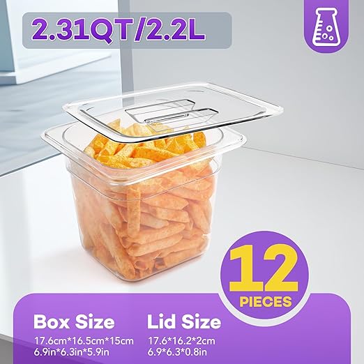 VOISEN 12 Pack Plastic Food Pan with Lids 1/6 Size 6 Inch Deep Commercial Food Storage Containers for Fridge Salad Fruits Vegetables Clear Restaurant Polycarbonate