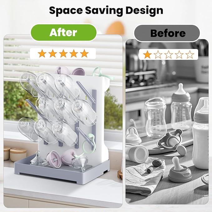 Baby Bottle Drying Rack: Vertical Space Saving Large Bottles Holder - Standing Boon Dryer Rack Baby Accessory - Countertop Holds Up to 12 Bottles & Pump Part Cleaning & Cup (Blue) (Gray)