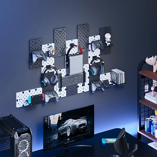 PEGZONE Controller and Headphone Holder Wall Mount, Modular Gaming Pegboard with Accessories, Controller Stand for Xbox PS5 PS4 Switch, Video Game Storage, Disc Shelf, 14pcs Pegboard, Black & White