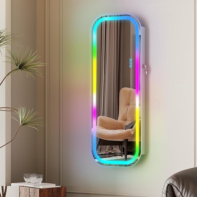 LVSOMT Round Mirror Jewelry Cabinet Door Hang, Jewelry Armoire with Mirror Wall Mounted, Hanging Mirror Jewelry Organizer, Full Length Mirror with Jewelry Storage, RGB Lights