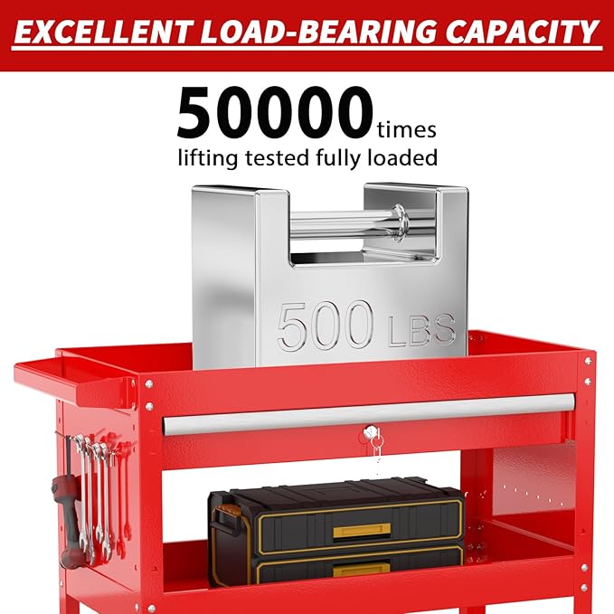 3 Tier Rolling Tool Cart, Tool Carts with Wheels and Drawers, 500 LBS Capacity Service Utility Cart, Mechanic Tool Cart on Wheels for Garage, Warehouse, Repair Shop, Red