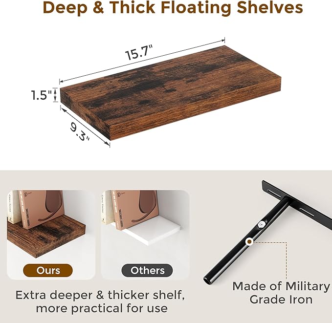 Fun Memories 16Inch Floating Shelves for Wall 2 Pack Shelves for Bedroom|Kitchen|Bathroom Wall Mounted Rustic Wood Floating Shelf with Invisible Brackets for Books|Storage|Decor, Rustic Brown