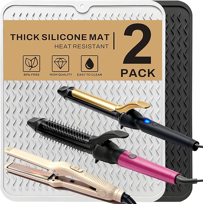 2 Pack Large Curling Irons Mat, Silicone Heat Resistant Portable Travel Mat Cover for Flat Iron, Hair Straightener, Hot Hair Styling Pad Tools-(Black & White)