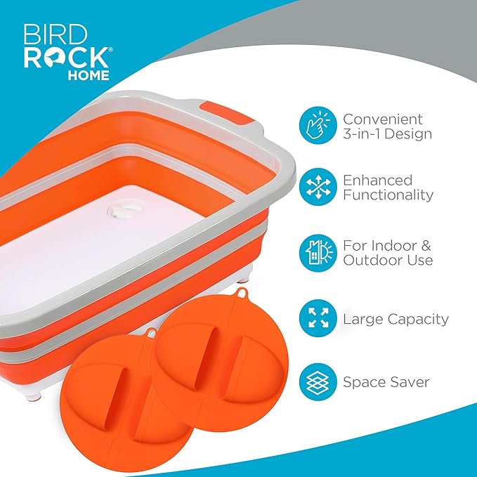 BIRDROCK HOME Collapsible Large BBQ Prep Tub w/Cutting Board, Multi-Function Grill Caddy w/Colander & Lid, Portable Silicone Dish Bowl for Picnic, Tailgate, Camping - Orange + 2pc BBQ Mitts