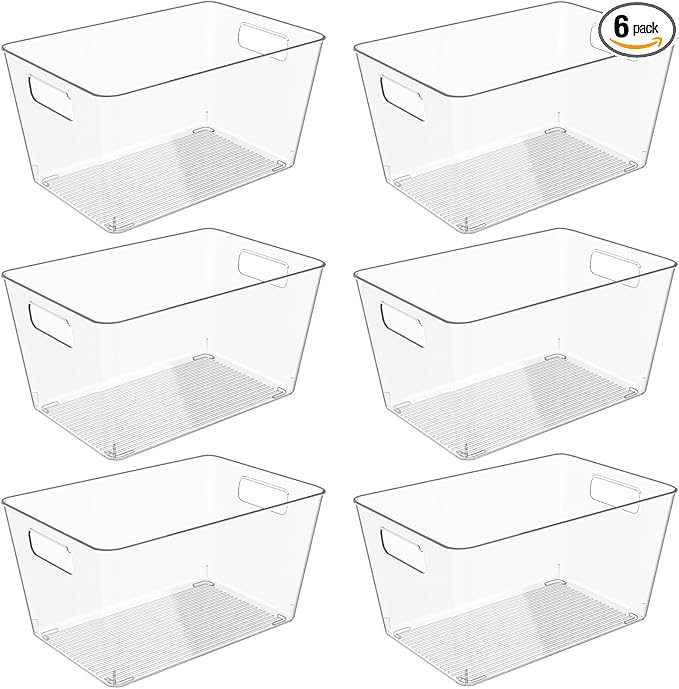 6 Pack Clear Plastic Storage Bins, 11" Large Pantry Organizer Bins with Handles, Plastic Containers for Refrigerator,BPA-Free Perfect for Kitchen,Fridge,Cabinet,Pantry,Bathroom,Closet Organization