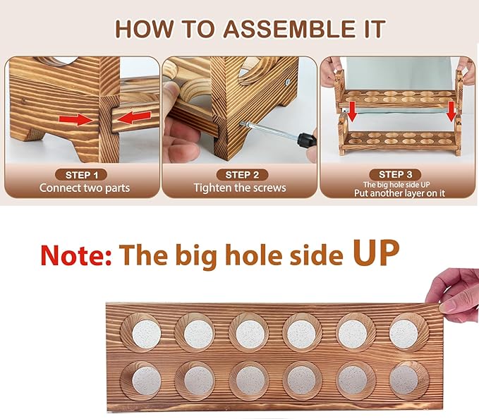 Wooden Egg Holder with 4 Layers/48-Hole, Stackable Wood Egg Rack Countertop with Handle, Stores Chicken/Duck/Quail/Turkey/Easter Eggs