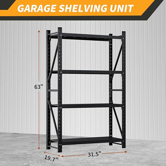 63" H Storage Garage Shelving Unit, 2500LBS Heavy Duty Metal Shelves Organization, Adjustable 4 Tier Utility Storage Shelf Rack for Industrial, Basement, Warehouse (Black, 19.7" D×31.5" W×63" H)