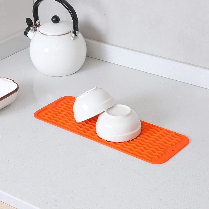 Silicone Dish Drying Mat for Multiple Usage,Easy clean,Eco-friendly,Heat-resistant Silicone Mat for Kitchen Counter,Sink,Bar,Bottle,or Cup Orange M 17 inches x 6 inches