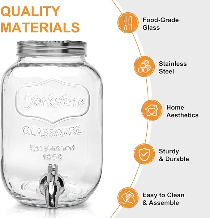 1 Gallon Glass Beverage Dispenser with Lid, Stainless Steel Spigot, Glass Drink Dispensers for Parties, Lemonade Dispenser With Ice Cylinder for Weddings, Party,Sun Tea Jar, Water Juice Dispensers
