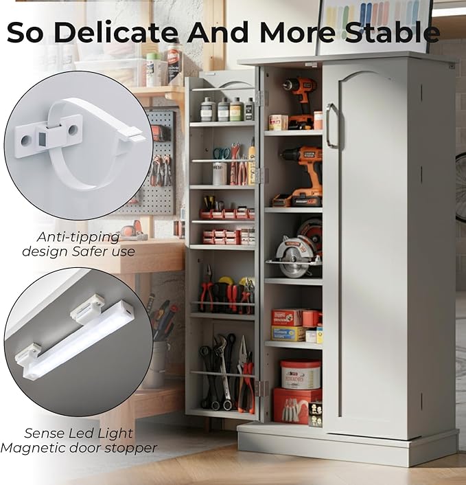 50" Garage Storage Cabinet with LED Lights – Adjustable Shelves Garage Organizer, Multi-Purpose Garage Cabinet for Home Office,Kitchen