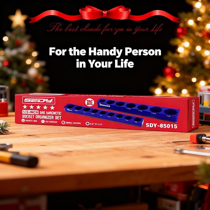 2-Piece 1/2"-Drive SAE Magnetic Socket Organizer Set (Holds 16 Sockets) - Detachable Tool Tray with 5mm Magnetic Base, Screw-Fixed Design & Heavy-Duty Modular Storage for Garage/Home Workshop