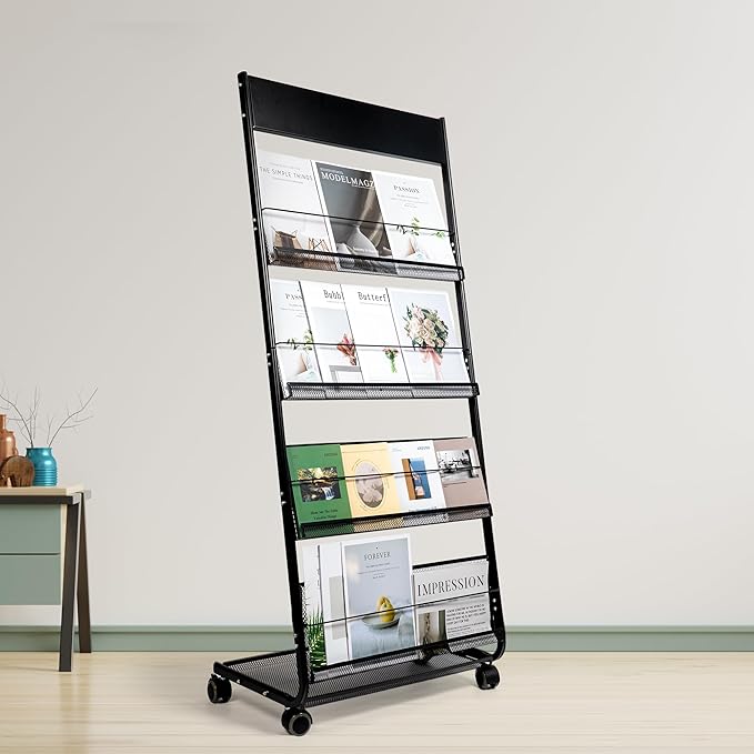 Floor Magazine Rack Brochure Display Stand 4-Layer With Wheels And Top Billboard, Newspaper Magazine Holder High-Hardness For Office Exhibitions, Black (57.5''*25''*13.2'')