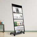 Floor Magazine Rack Brochure Display Stand 4-Layer With Wheels And Top Billboard, Newspaper Magazine Holder High-Hardness For Office Exhibitions, Black (57.5''*25''*13.2'')