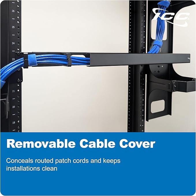 ICC 1U Ring Cable Manager Panel with Cover, Metal, 3" D-Rings, Horizontal Cable Management, Rackmount for 19” Network Racks, Black, Single Pack