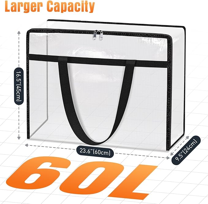 Clear Under Bed Storage Containers - 4 Pack Large Capacity Clothes Storage Bags with Lid & Sturdy Handles, Foldable Moving Bags, Clothing Organizer Totes for Bedding, Comforter, Sheet（60 L）