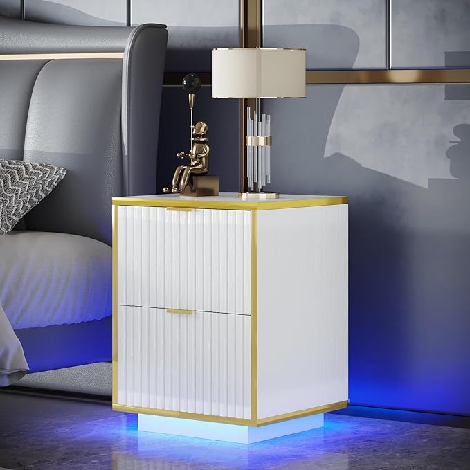 White Nightstand, Fluted End Table with LED Lights, Modern Nightstand with Floating Base, Bedside Table with Storage, End Table with Drawers for Bedroom, White and Gold