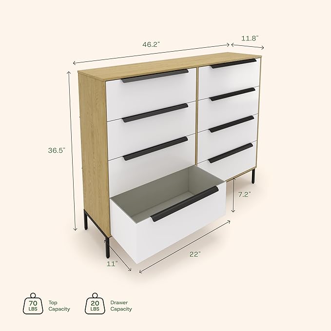 Lira Premium Fabric Dresser - Solid Wooden Frame, 8 Spacious Sag-Proof Drawers with Sleek Metal Handles - Premium & Durable Storage Solution for Your Home (Light Brown)