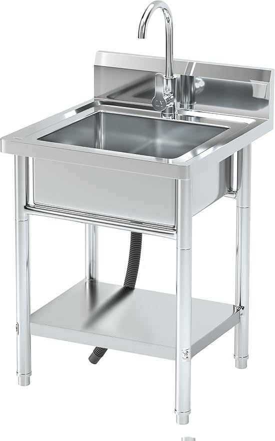 20''Stainless Steel Utility Sink with Hot/Cold Water Plumbing & Shelf for Kitchen, Bathroom, Laundry