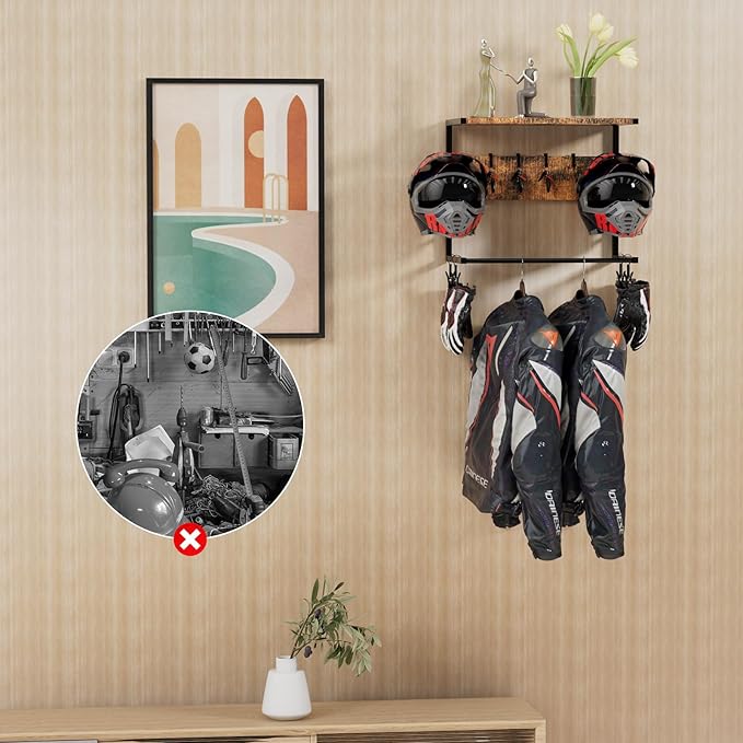 Motorcycle Helmet Holder Wall Mounted, Helmet Rack Wall Mount with Helmet Rack, 4 Glove Chips and 4 hooks, Rustic Helmets Holder and Motorcycle Helmets Racks for Most of Helmet and Clothes