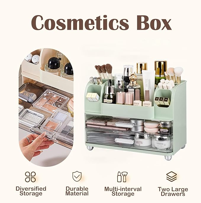 Large Makeup Organizers Countertop for Vanity, Bathroom Make Up Storage with Brush Holder, Cosmetic Display Case with 2 Drawers for Skincare,Lipstick (Cream White)
