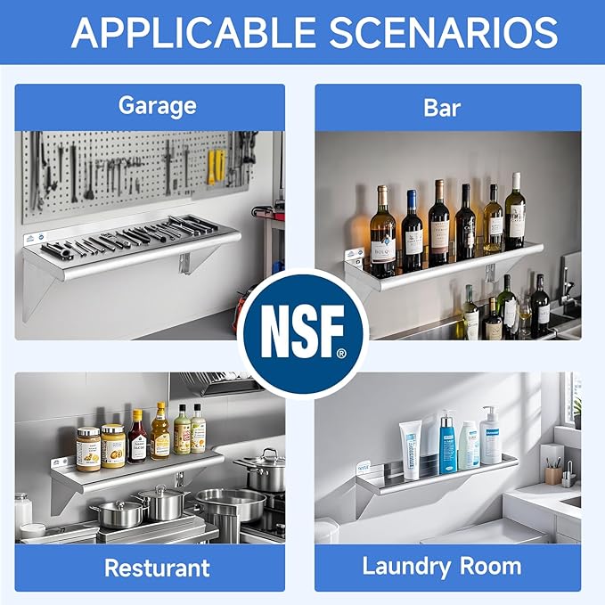 ROCKPOINT Stainless Steel Shelf 18 x 48 Inches 400lb, NSF Metal Commercial Shelves Wall Mount Floating Shelving with Backsplash for Restaurant, Kitchen, Home and Hotel, Silver