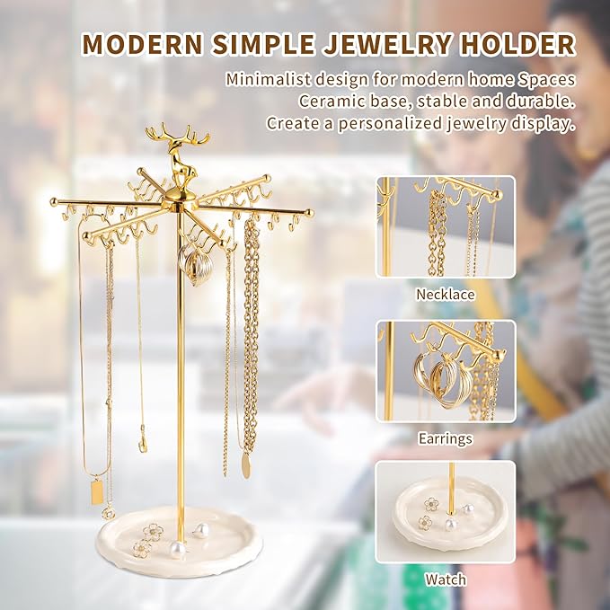 Necklace Holder Jewelry Stand, Rotating Necklace Holder Organizer with 48 Hooks for Necklace Earring Keychains Bracelet Display Stand, Metal Necklace Tree Stand -Women Gifts (Gold)