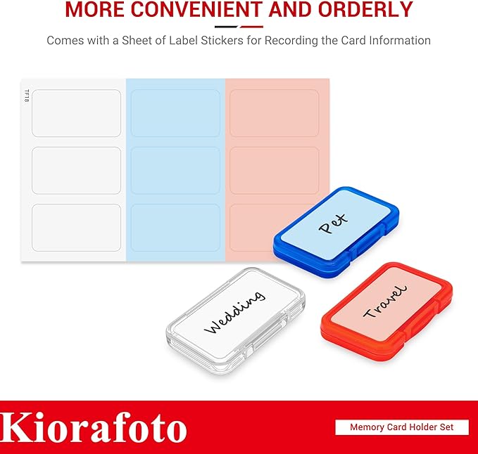 Kiorafoto 18 PCS Multi-Color Clear Plastic Memory Card Holder Case for 18 Micro SD SDXC SDHC TF Cards, Transparent MicroSD MSD Memory Card Case Storage Organizer with Labels