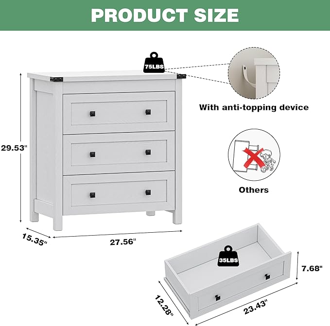 Dresser for Bedroom with 3 Drawers, Small Chests of Drawers, 27.55" Wide Farmhouse Wood Nightstand Bedside Cabinet End Table, Modern Closet Storage Organizer for Living Room, Entryway, Hallway, White
