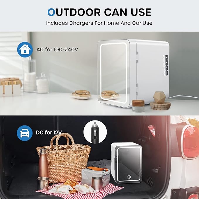 ECOWELL Mini Skincare Fridge with LED Mirror, 4L/6Can Skin Care Fridge for Makeup Cosmetic Beauty, Small Refrigerator for Bedroom Office Dorm Car, Cooler & Warmer, White