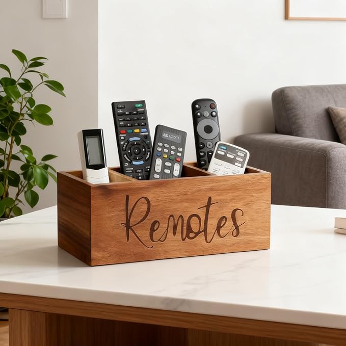 Remote Control Holder Caddy, Acacia Wood TV Remote Holder, Remote Organizer for Table, Vintage Farmhouse Desk Caddy (Brown-for 5+ Remote Controls)