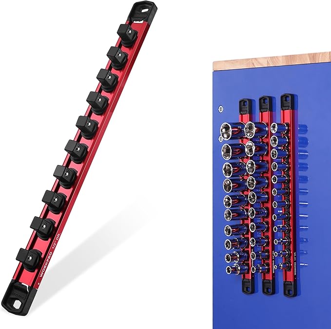 WORKPRO Magnetic Socket Organizer, 1/2" Drive Aluminum Alloy Socket Holder, Heavy Duty Socket Rail with 10 PC Removable Socket Clips, Socket Organizer Tray for Tool Box Drawer (Sockets Not Included)
