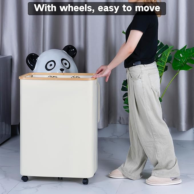 Lagre Laundry Basket with Wheels, Laundry Hamper with Lid, 160L Clothes Hamper for Laundry with 3 Liner Bags, for Laundry Room, Bedroom, Dormitory Organization,Beige