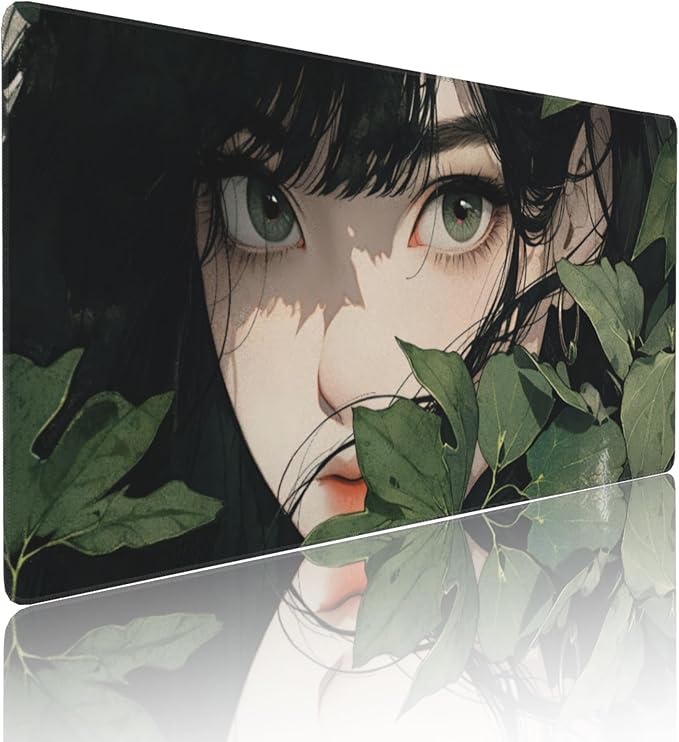 Girl in Foliage Large Mouse Pad, Anime Style Gaming Desk Mat, XXL Keyboard Desk Pad Mat for Desktop, 35.4"x15.7" Non-Slip Base Big Mousepad with Stitched Edges