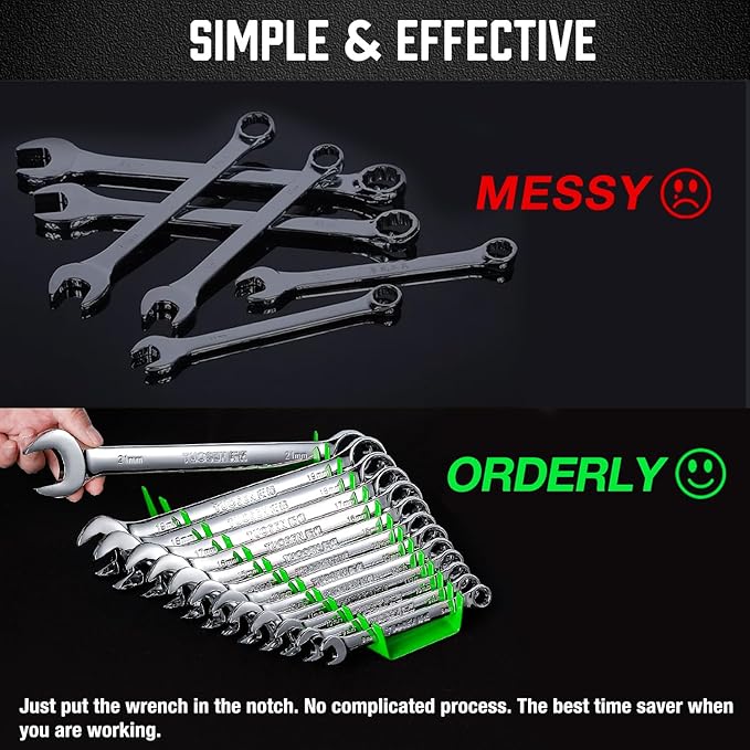 ALOANES 78-Slot Metal Wrench Organizer, Heavy Duty Wrench Organizer Tray for Tool Box, Fit SAE & Metric Wrench Storage, 6 Pack Wrench Holders(Green)