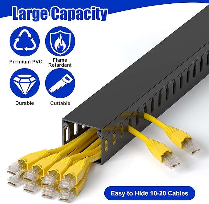 63in(4X L15.7in) Professional Server Rack Cable Management Raceway, H1.4 x W1.6in Cable Raceway Kit, Electrically Safe PVC Open Slot Wire Raceway for Under Desk/Computer/Network Cords, Black