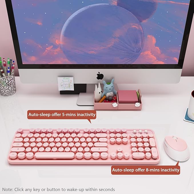 Wireless Keyboard,KOOTOP Cute Colorful 104 Keys Typewriter Retro Round Keycaps Keyboard for PC Laptop,Desktop,Windows, Home and Office Keyboards (Pink)