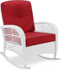 VIVIJASON Outdoor Wicker Rocking Chair, Patio Rattan Rocker Chair with Cushions & Steel Frame, All-Weather Rocking Lawn Rattan Furniture for Garden Backyard Porch (White Wicker/Red)