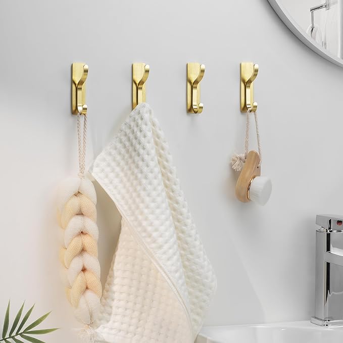 Gold Adhesive Wall Hooks for Hanging - Heavy Duty 13 lb Sticky Towel Hook for Bathroom, Door, Closet, Dorm, RV, Kitchen, Hanger for Coats, Bags, Keys, Purse, Clothes - Stainless Steel, 4 Pack