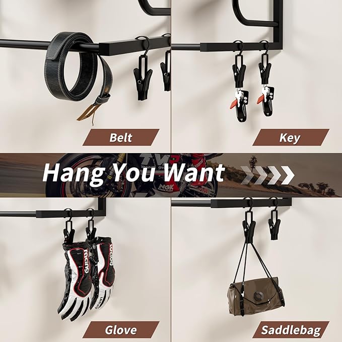 Motorcycle Helmet Holder Wall Mounted, Helmet Rack Wall Mount with Helmet Rack, 4 Glove Chips and 4 hooks, Rustic Helmets Holder and Motorcycle Helmets Racks for Most of Helmet and Clothes