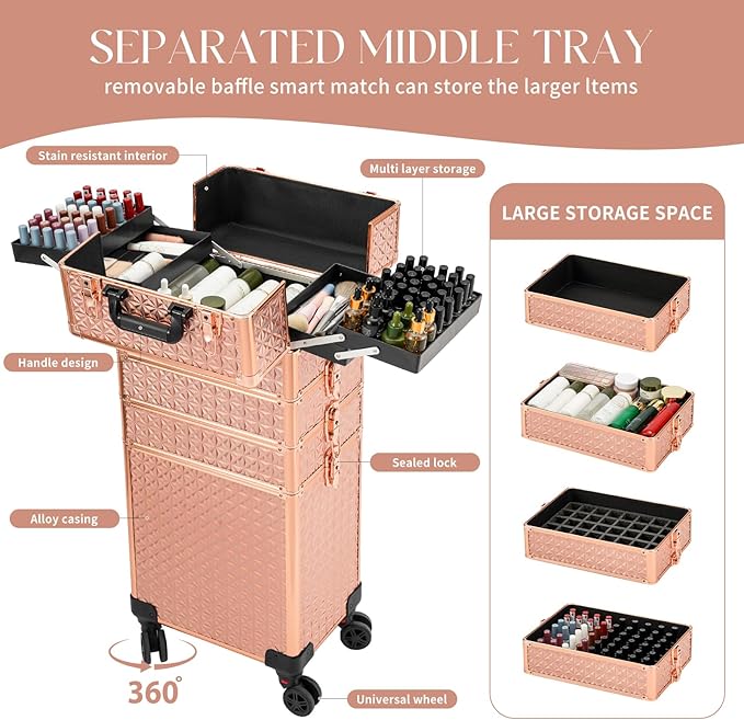 Leeora&Leekoo Portable Multi-Storey Nail Case for Nail Tech Organizer - Wheels Makeup Case Organizer, Cosmetic Case, Makeup Train Case, Make Up Case (rose gold)