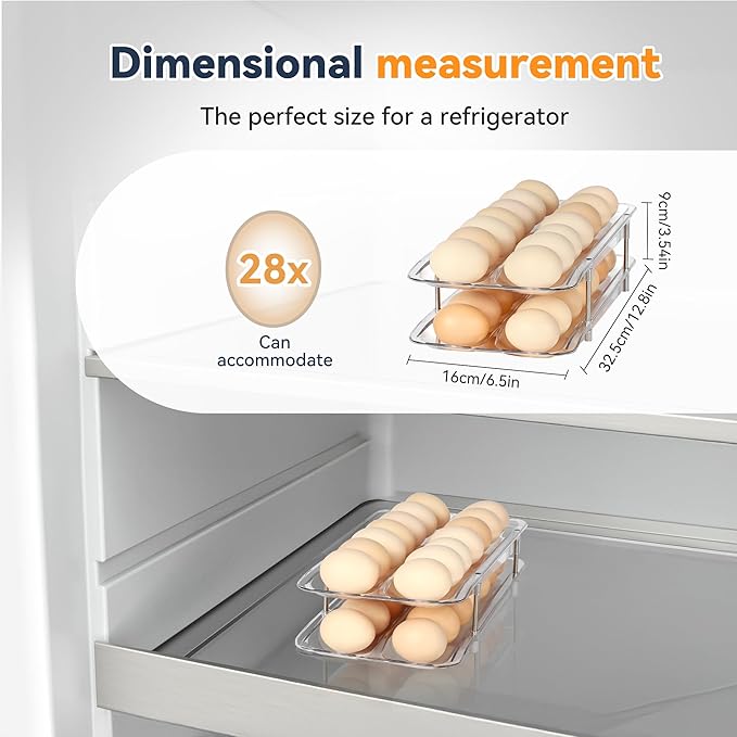 Refrigerator Egg Holder, Self-Rolling Refrigerator Egg Container, Clear Plastic Egg Dispenser, Stackable Egg Organizer with Quick Detachable Inner Tray for Tissue and Storage, 2-Pack
