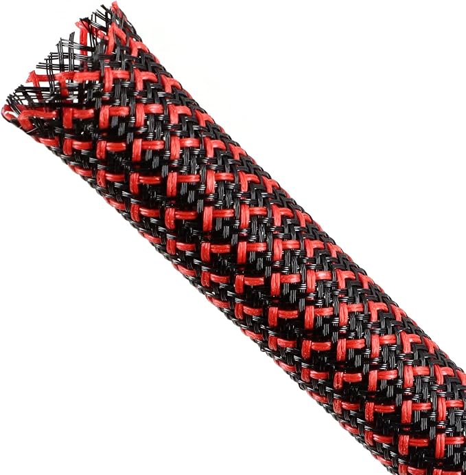 Braided Cable Sleeving, PET Expandable Braided Cable Sleeve, Flexible Mesh Sleeving Cord Management for Audio Video and Other Home Device, Cord Protector from Pets (Black Red, 13/16" x 25ft)